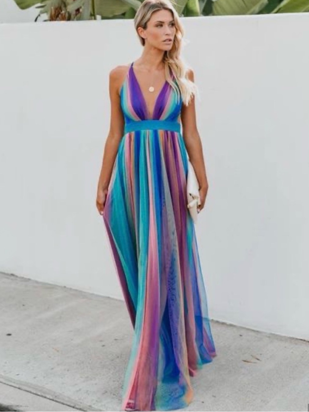 Luxxel Multicolor Striped V-Neck Maxi Dress